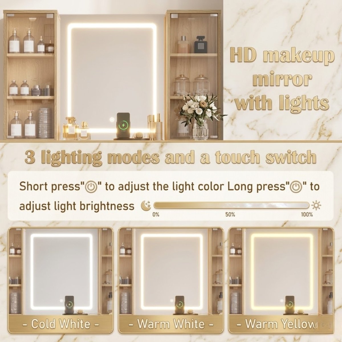 Comparison of cold white, warm white, and warm yellow lighting modes on a touch-switch HD vanity mirror with a phone charger.