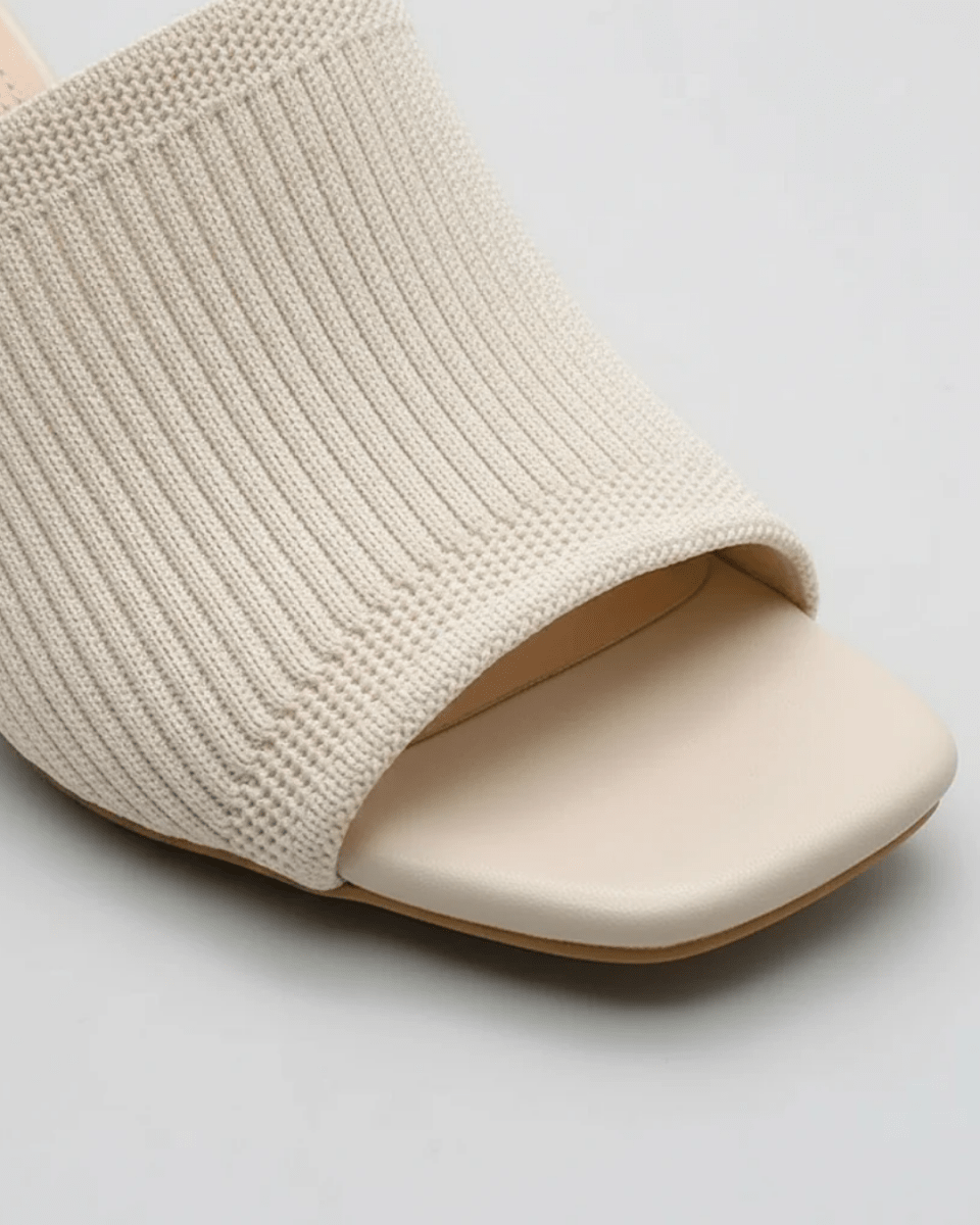 Women's Ribbed Knit Block Heel Mules Square Toe Slide Sandals Comfortable Mid Heel Slip-On Backless Dress Shoes Fenlo Form