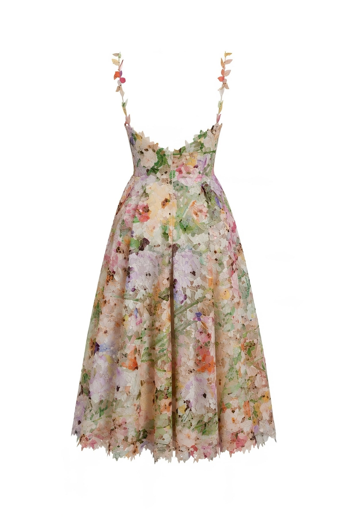 Flat lay back view of Fenlo Form detailed floral applique midi dress showing the hidden back zipper closure.