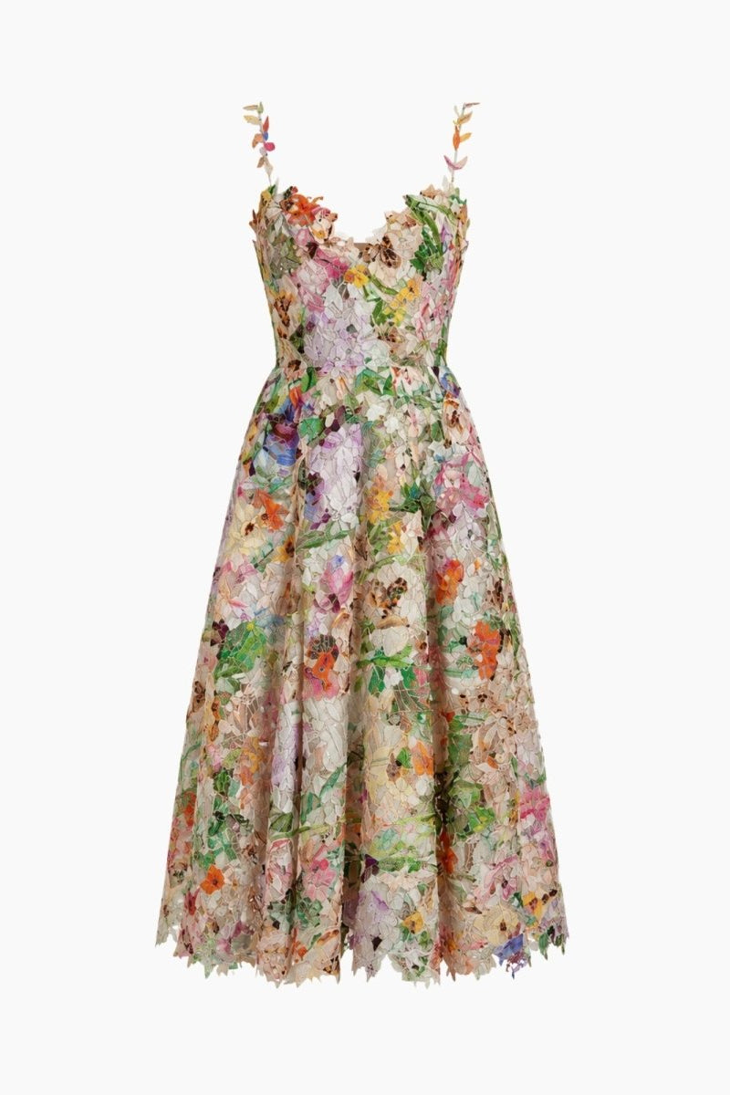Flat lay front view of Fenlo Form romantic garden party 3D floral midi dress detailing the multi-color lace.