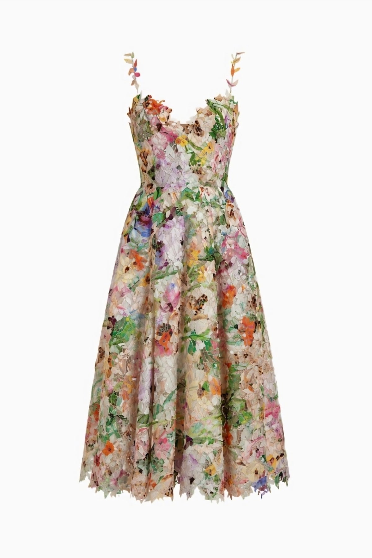 Flat lay front view of Fenlo Form detailed floral applique midi dress showing the hidden back zipper closure.