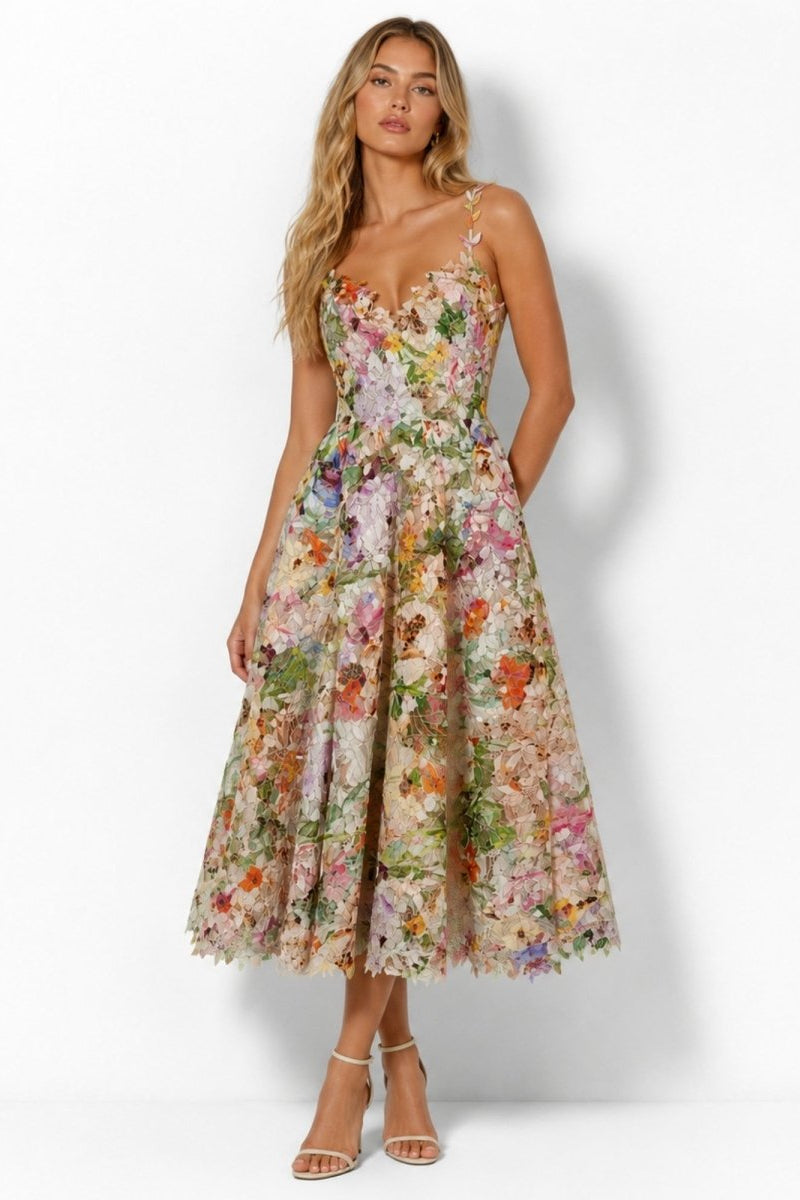 3D Floral Applique Lace Midi Dress Sweetheart A-Line Wedding Guest Botanical Garden Party Cocktail Formal Designer Fit and Flare by Fenlo Form