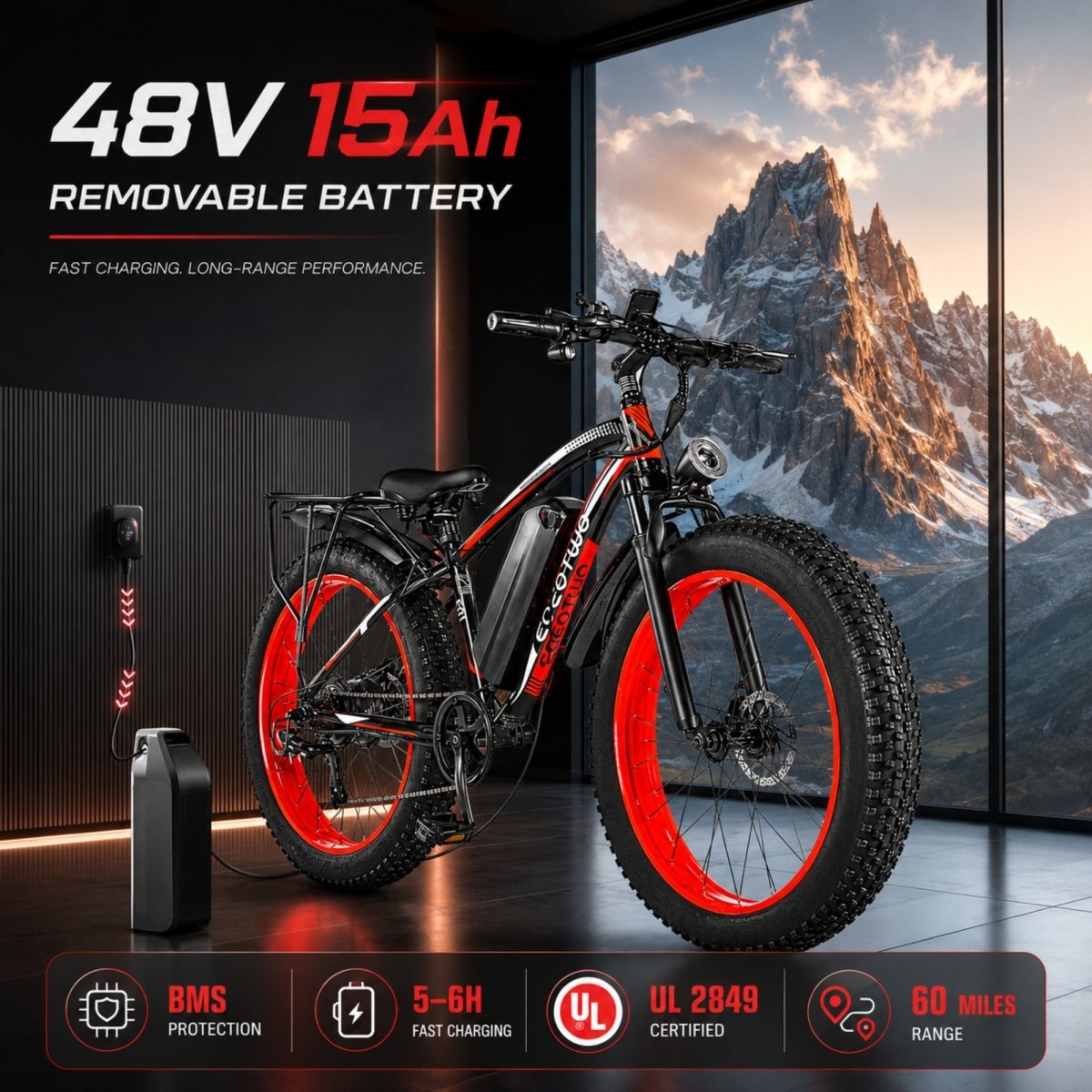 The Kouvr ebike parked next to its 48V 15Ah removable lithium-ion battery charging on the floor, highlighting the UL 2849 safety certification.
