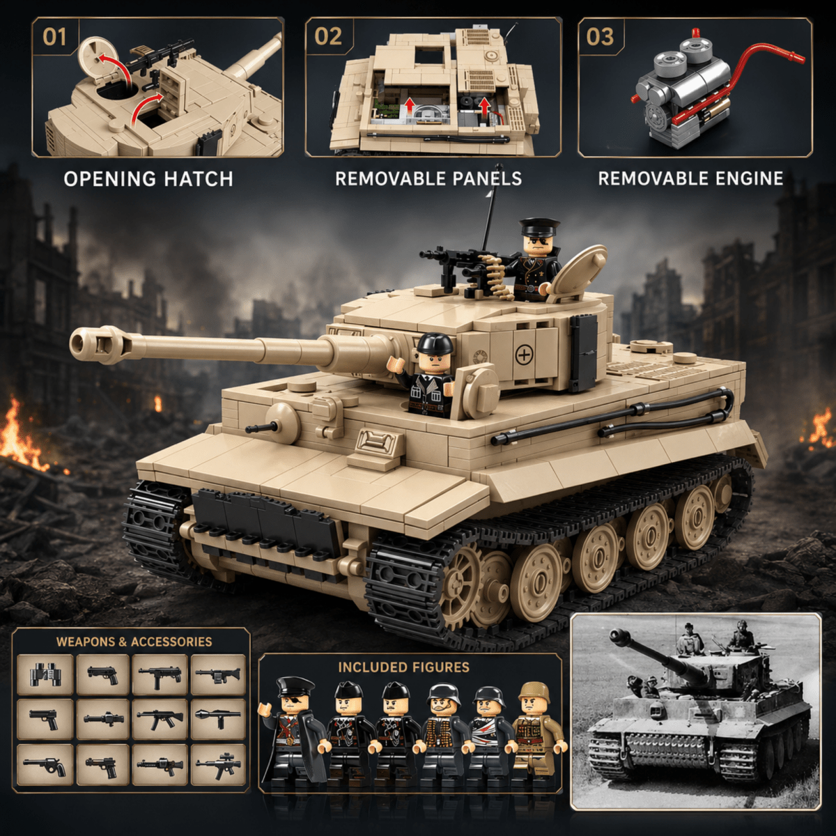 Tiger 1 Tank Building Set (Tan) | 1361 Pieces | WWII Military Brick Model