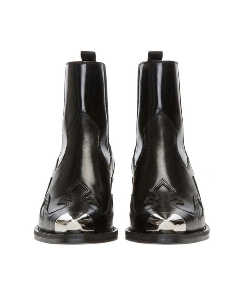 Black Leather Western Ankle Boots - Metal Pointed Toe | Cowboy Booties with Block Heel & Stitching Detail