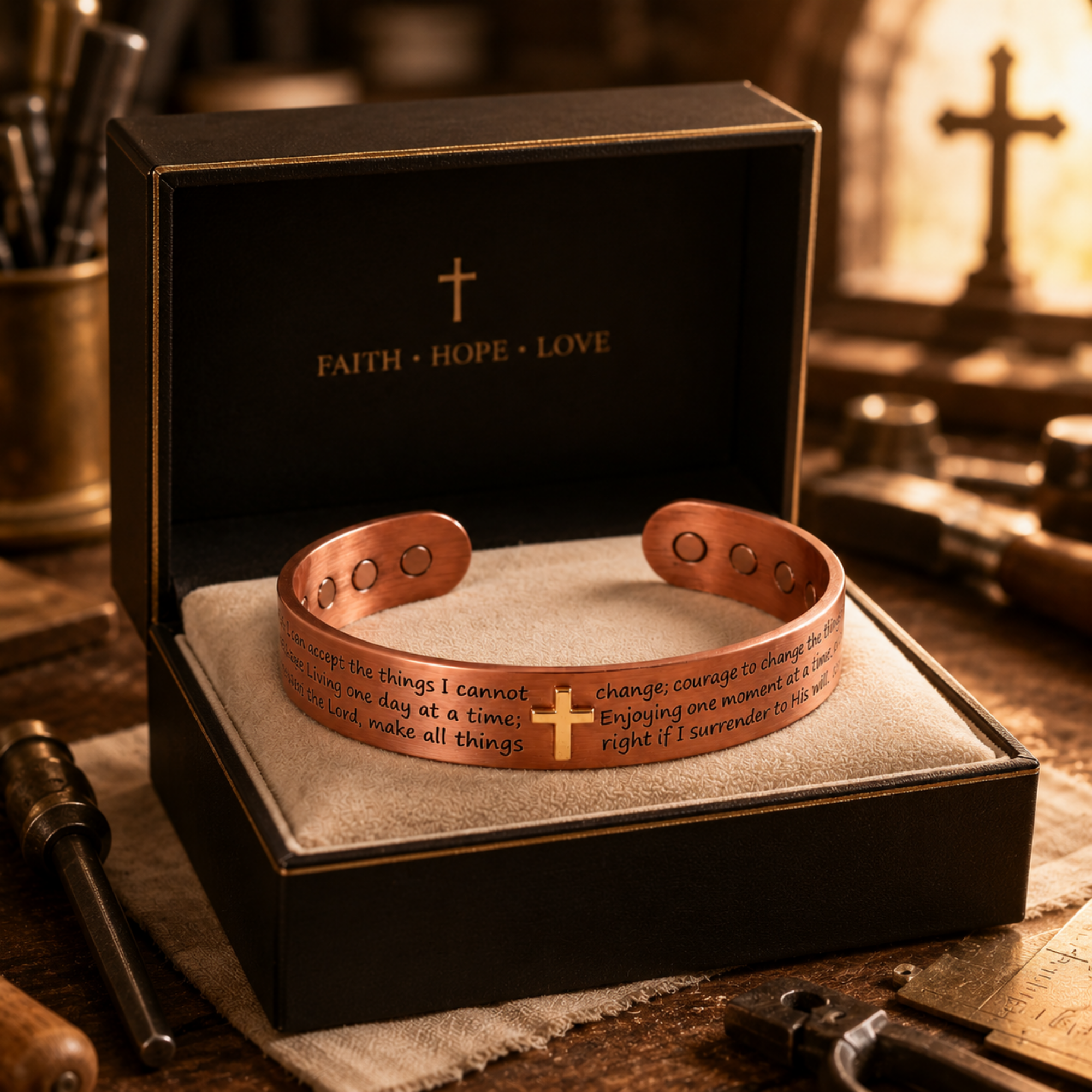Copper Cross bracelet Serenity Prayer Copper Magnetic Therapy Bracelet Gold Cross Cuff | Arthritis Relief Inspirational Christian Religious Healing Jewelry Gift By Fenlo Form