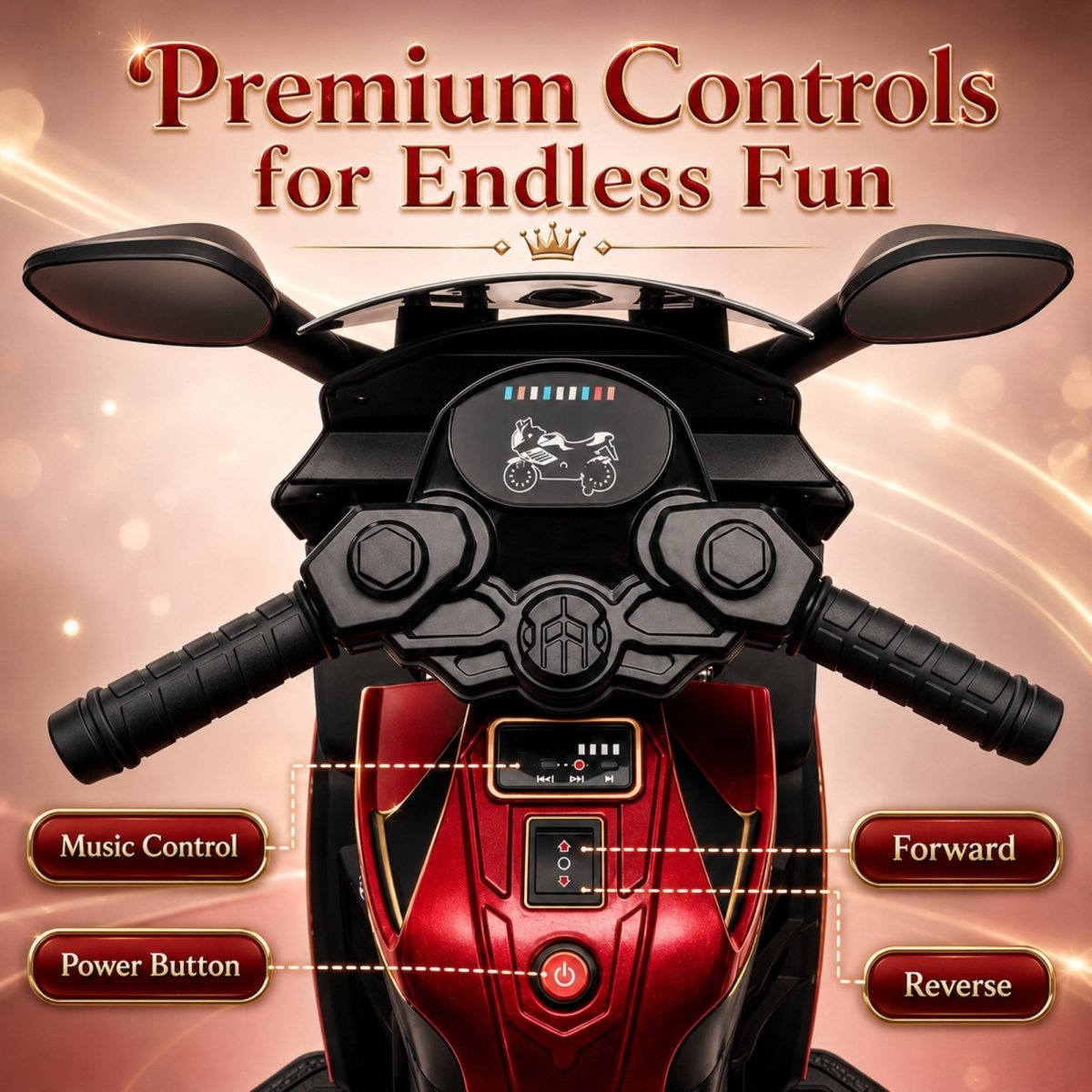 Technical specifications for kids 6V 4.5AH battery powered ride on motorcycle showing up to 40 minutes of playtime per charge.