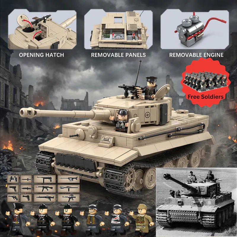 Tiger 1 Tank Building Set (Tan) | 1361 Pieces | WWII Military Brick Model