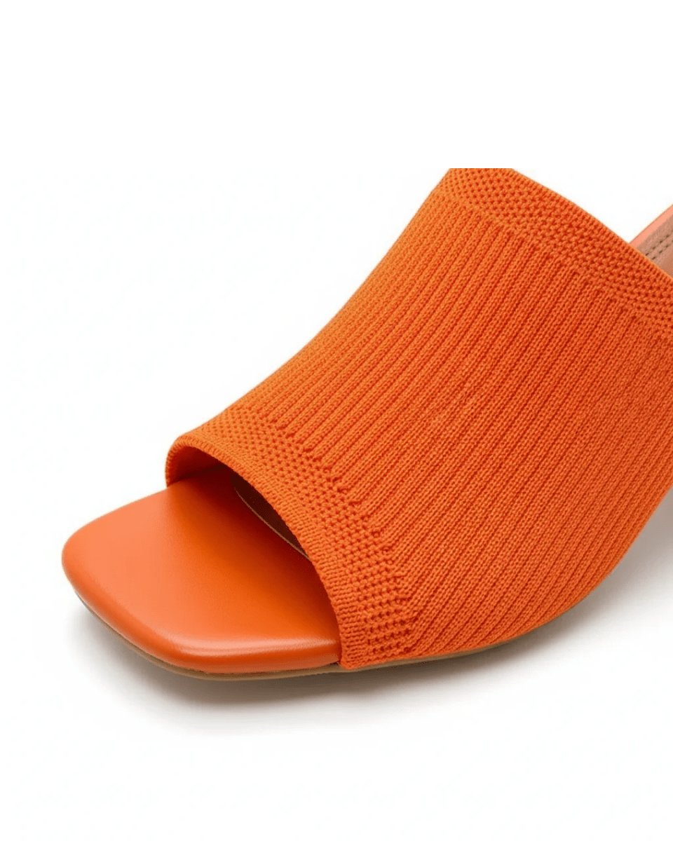 Women's Ribbed Knit Block Heel Mules Square Toe Slide Sandals Comfortable Mid Heel Slip-On Backless Dress Shoes Fenlo Form
