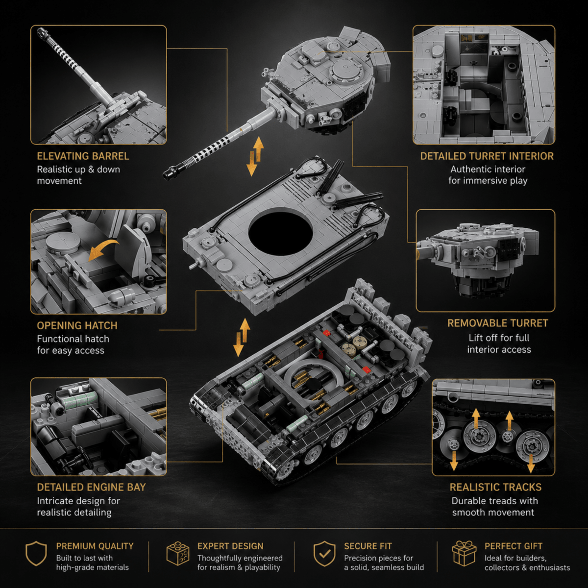 Tiger 1 Tank Building Set (Tan) | 1361 Pieces | WWII Military Brick Model