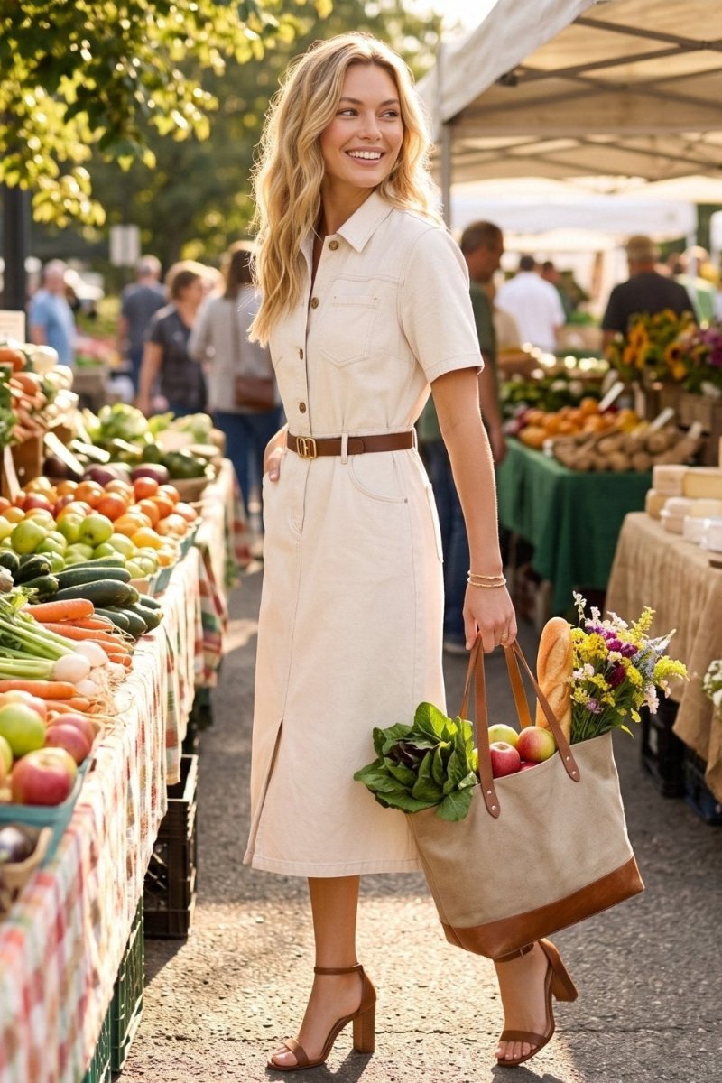 A woman stands at an outdoor farmers market wearing a cream short-sleeve midi dress with a brown belt and carrying a canvas tote bag filled with groceries. Vegetable and fruit stalls line both sides of the market aisle under a white canopy.