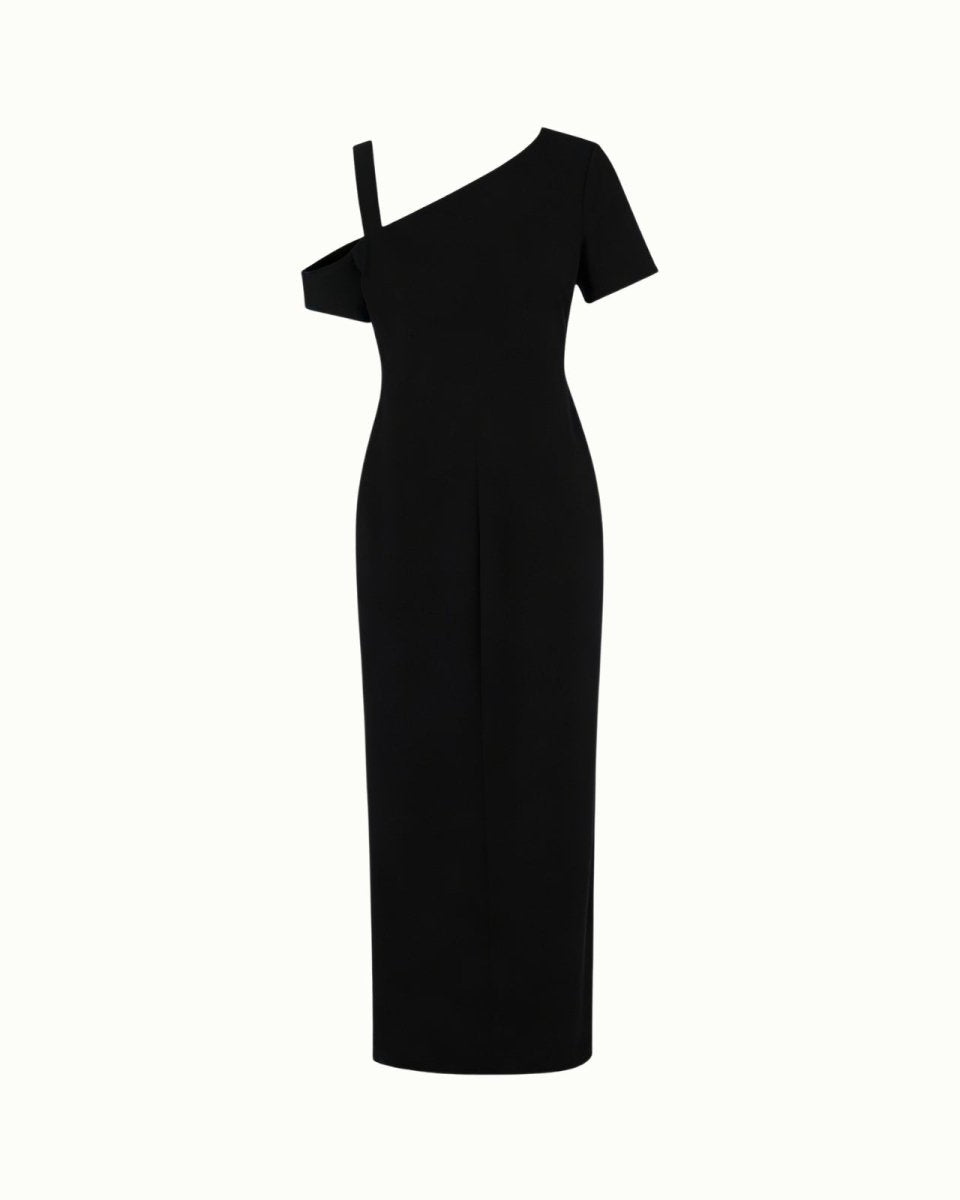 Black off-shoulder dress on a white background