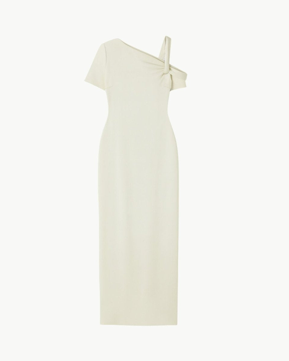 White one-shoulder dress on a white background