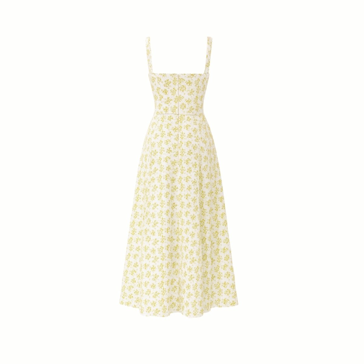 Close-up detail of the sweetheart neckline, tie-front feature, and jacquard fabric of the yellow rose floral midi dress.
