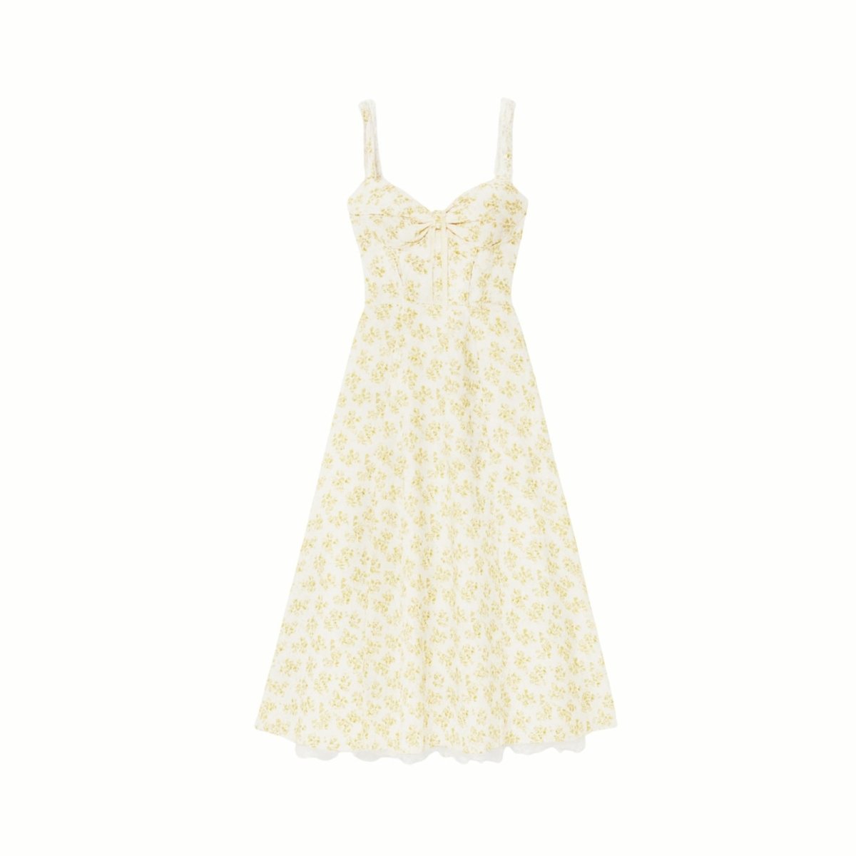 Close-up detail of the sweetheart neckline, tie-front feature, and jacquard fabric of the yellow rose floral midi dress.