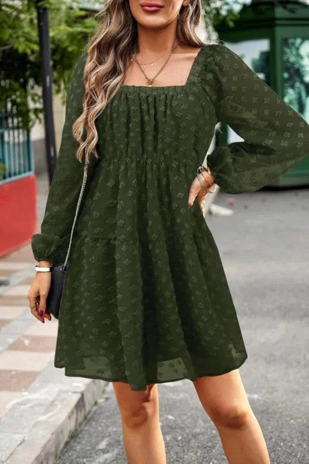 bishop sleeve', 'smocked waist', 'A-line silhouette', 'tiered skirt', 'babydoll dress', 'bohemian chic', 'flowy', 'georgette