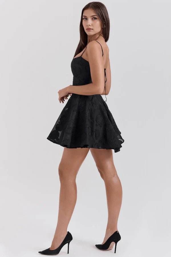 Core keywords are "black corset dress," "lace up mini dress," and "floral jacquard dress