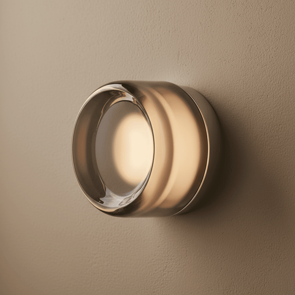 Close-up of a circular minimalist glass wall sconce emitting a warm amber glow against a textured beige plaster wall.