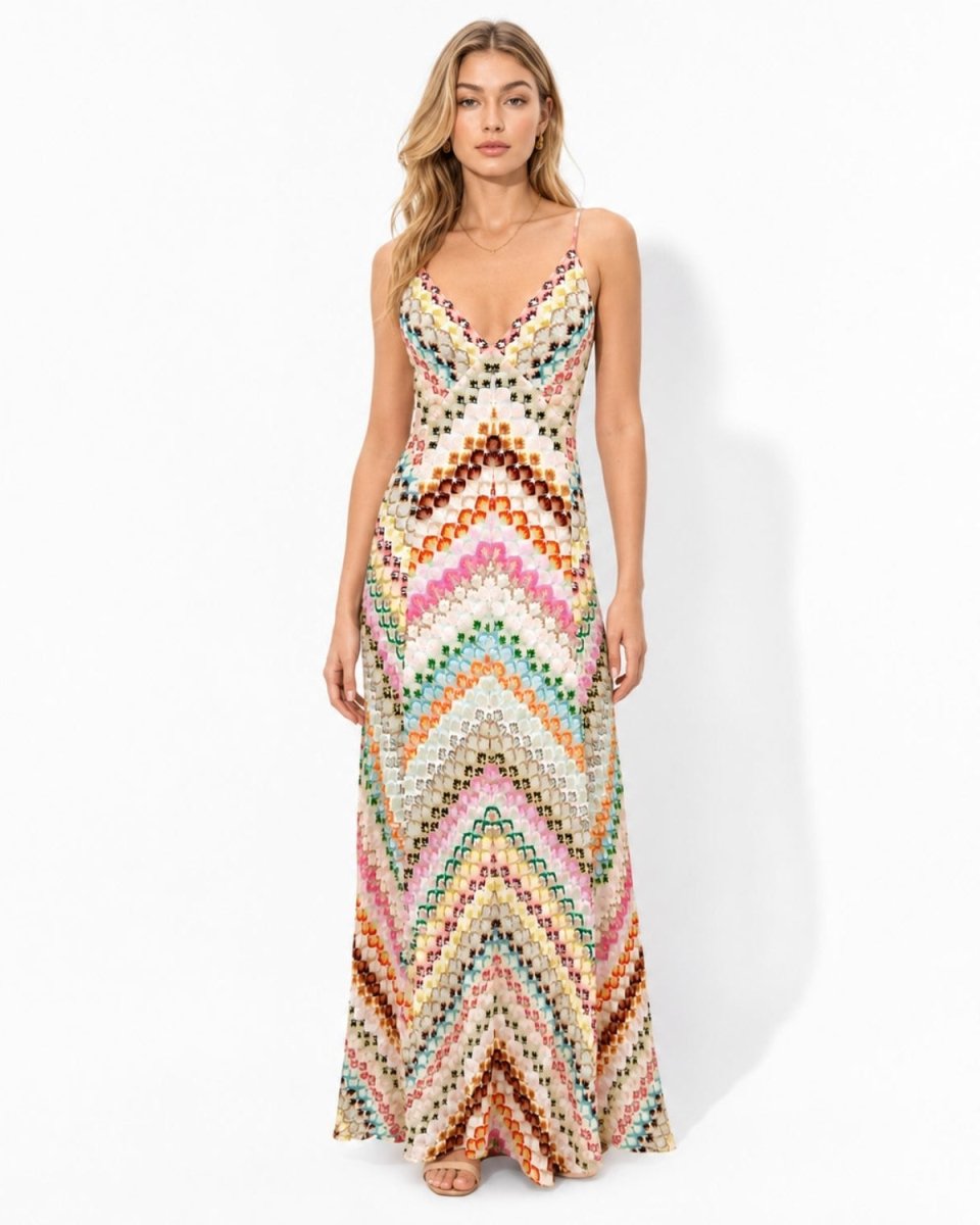 Pink multicolor chevron backless maxi dress front view summer resort wear