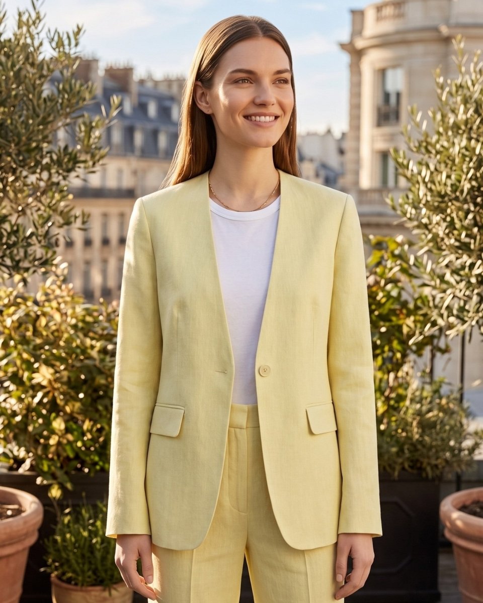 A woman stands outdoors wearing a pale yellow tailored blazer and matching trousers over a white T-shirt. The background shows blurred buildings and potted plants.