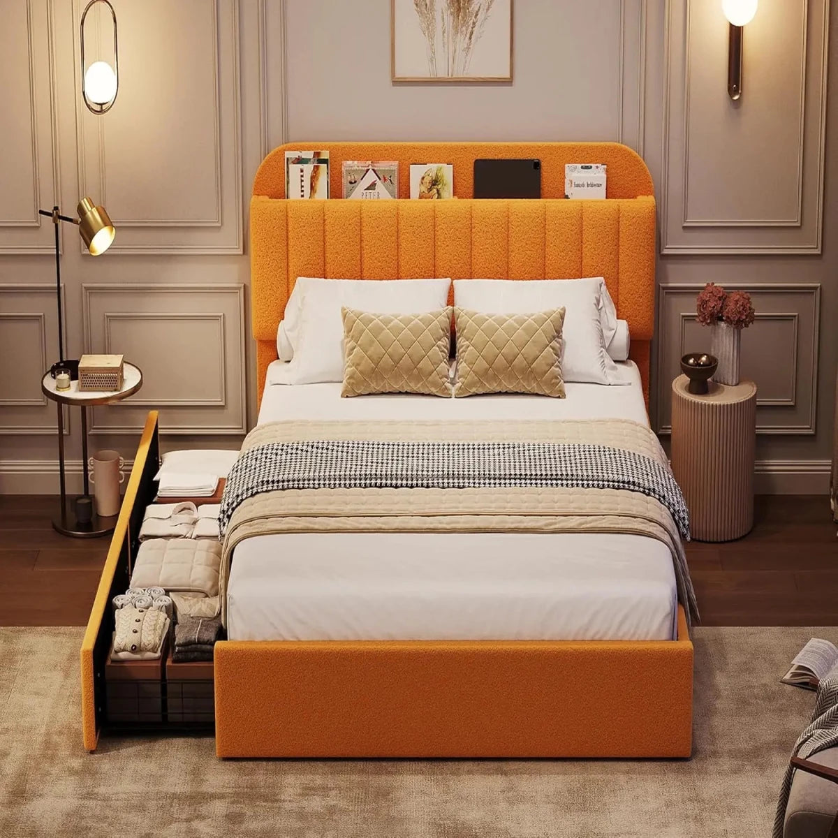 Twin Bed Frame with Storage Headboard Kids Bed Frame with 2 Drawers, Boucle Upholstered Platform Bed with Bookcase Easy Assembly