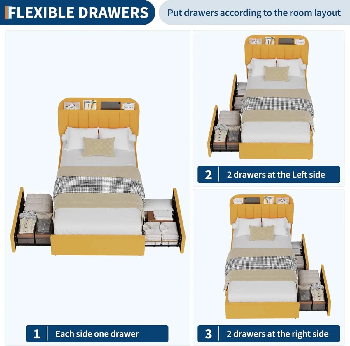 Twin Bed Frame with Storage Headboard Kids Bed Frame with 2 Drawers, Boucle Upholstered Platform Bed with Bookcase Easy Assembly