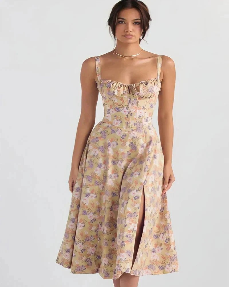Woman wearing a floral dress on a white background