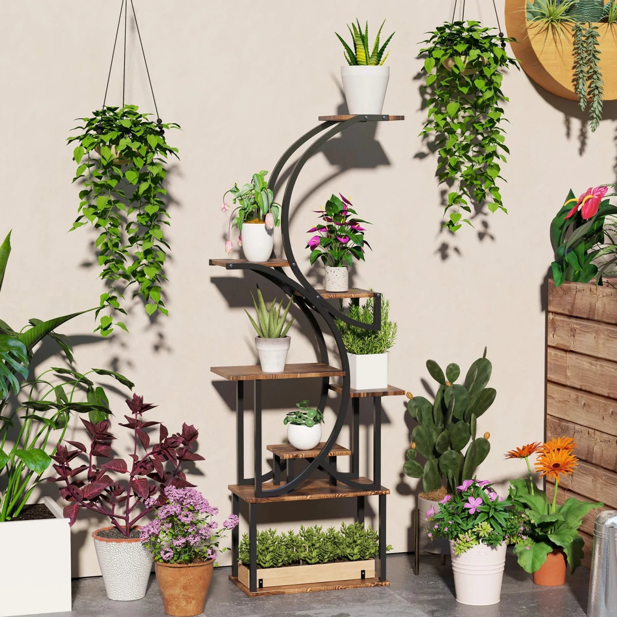 8 Tier Plant Stand, 62" S-Shaped Plant Shelf, Carbonized Finish