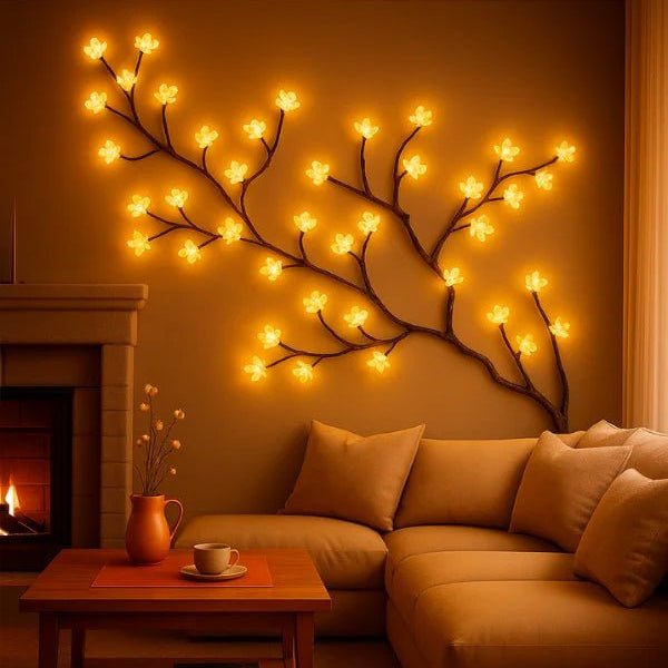 Decorative wall light fixture in a cozy living room with a fireplace and sofa.