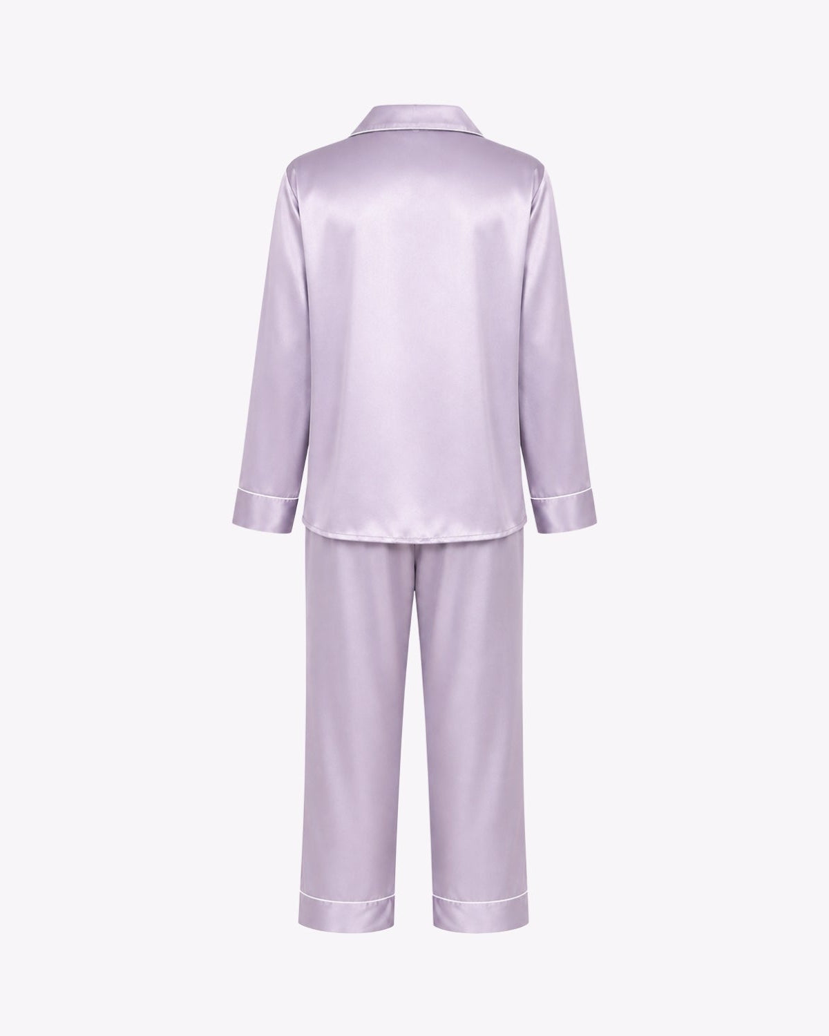 A lavender satin pajama set with a long-sleeve button-up top and matching wide-leg pants, shown from the back on a light gray background.