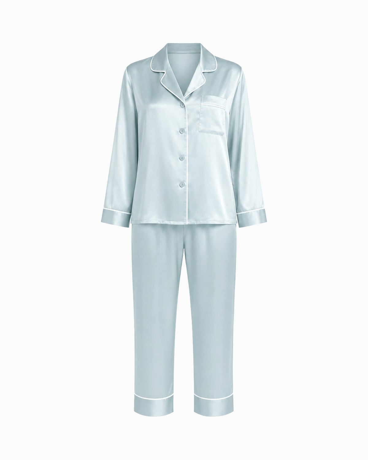 A light blue satin pajama set with a long-sleeve button-front top and matching pants, featuring white piping details, shown on a plain white background.