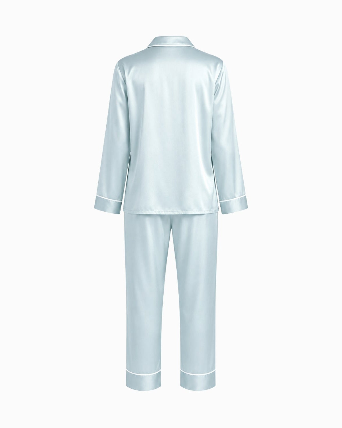 A light blue satin pajama set shown from the back, featuring a long-sleeve top and matching pants with white piping trim on the cuffs and hem, set against a plain white background.