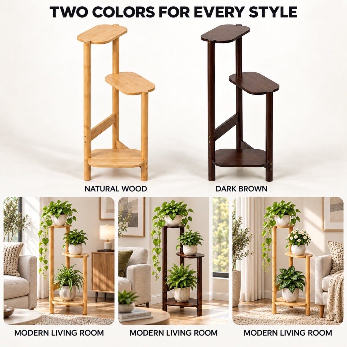 A product listing graphic showing a two-tier wooden plant stand in two finish options: natural wood and dark brown. The top section displays the stands against a white background with text labels, while the bottom section shows three lifestyle images of the stands styled in modern living rooms with potted plants.