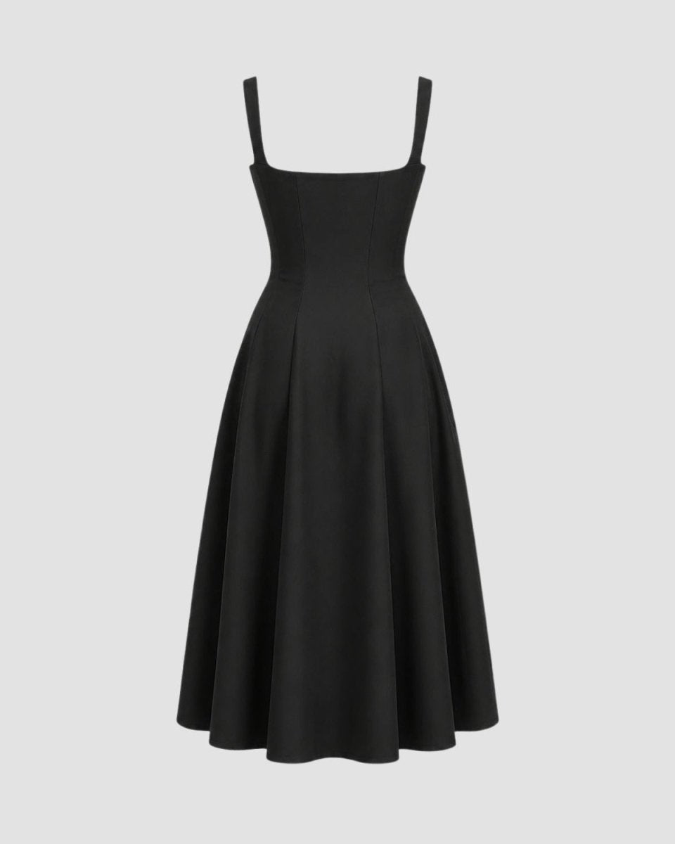 A black sleeveless midi dress with thin shoulder straps, a square neckline, a fitted bodice, and a flared skirt, shown against a light gray background.