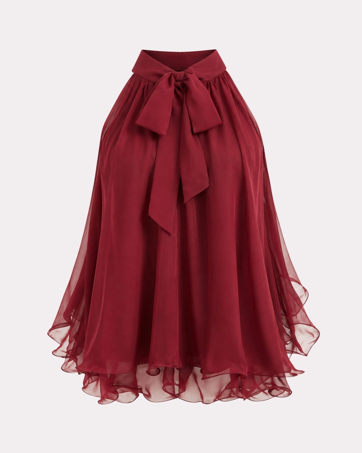 A high-waisted, flowy midi skirt in deep burgundy red, featuring a matching fabric tie belt at the waist and a layered, sheer ruffled hem, shown against a light gray background.