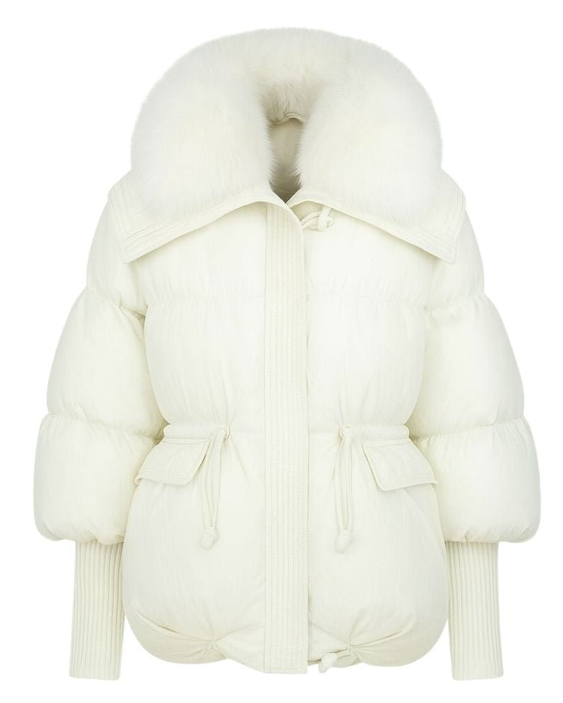 White kouvr puffer jacket with ribbed cuffs on a white background
