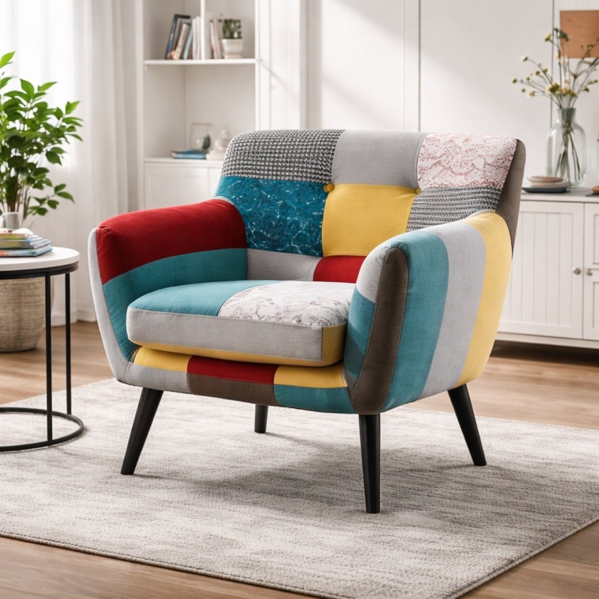 single accent armchair with mid-century modern design, colorful patchwork upholstery, and comfortable wide seat for reading nooks.
