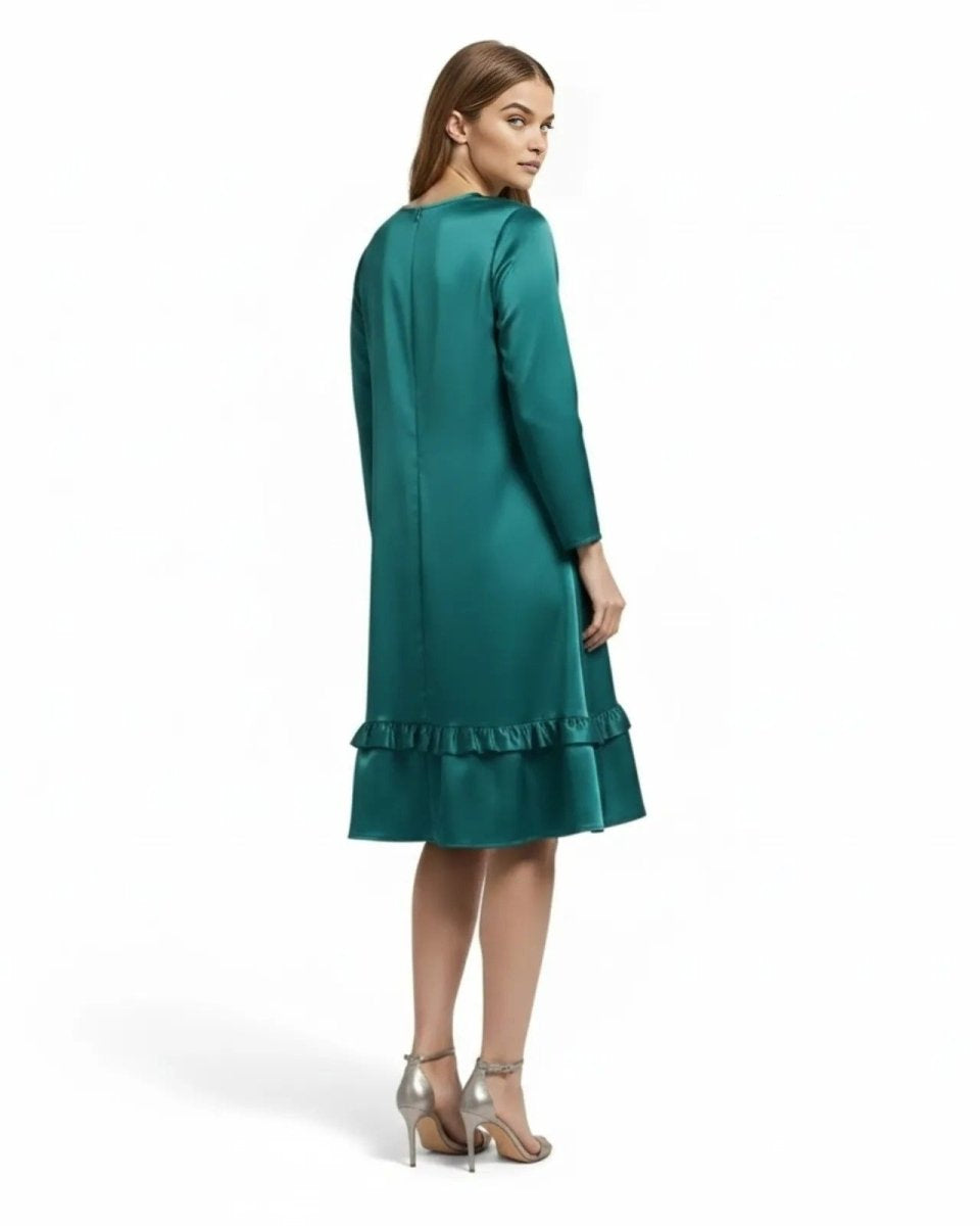 Back view of a model wearing the Adalee long sleeve satin cocktail dress in teal.
