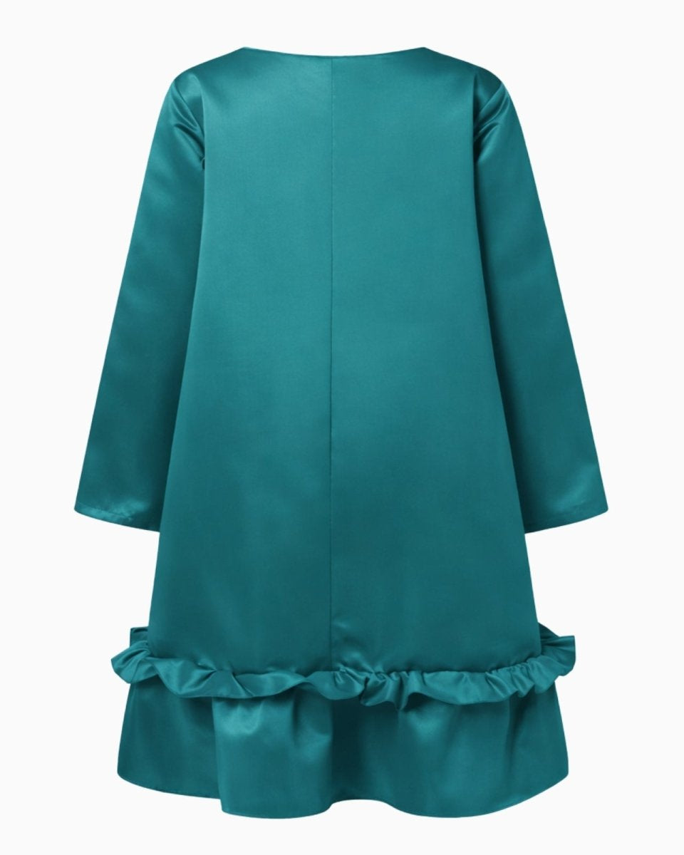 Back flatlay of the Adalee teal satin dress showing the clean lines and seam details.