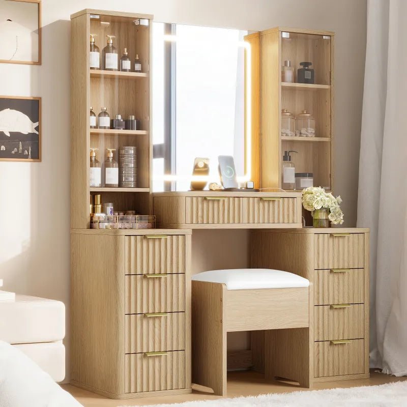 Close-up of a wooden vanity side cabinet with transparent door and adjustable shelves for perfume and skincare storage.