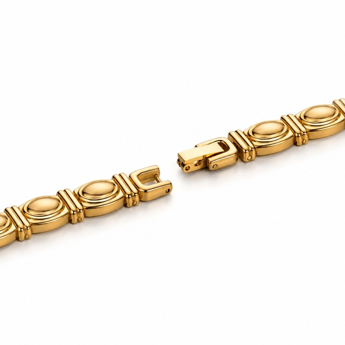 Detailed macro view of the open adjustable jewelry clasp on the Kouvr gold and blue stone women's bracelet watch, demonstrating premium construction.