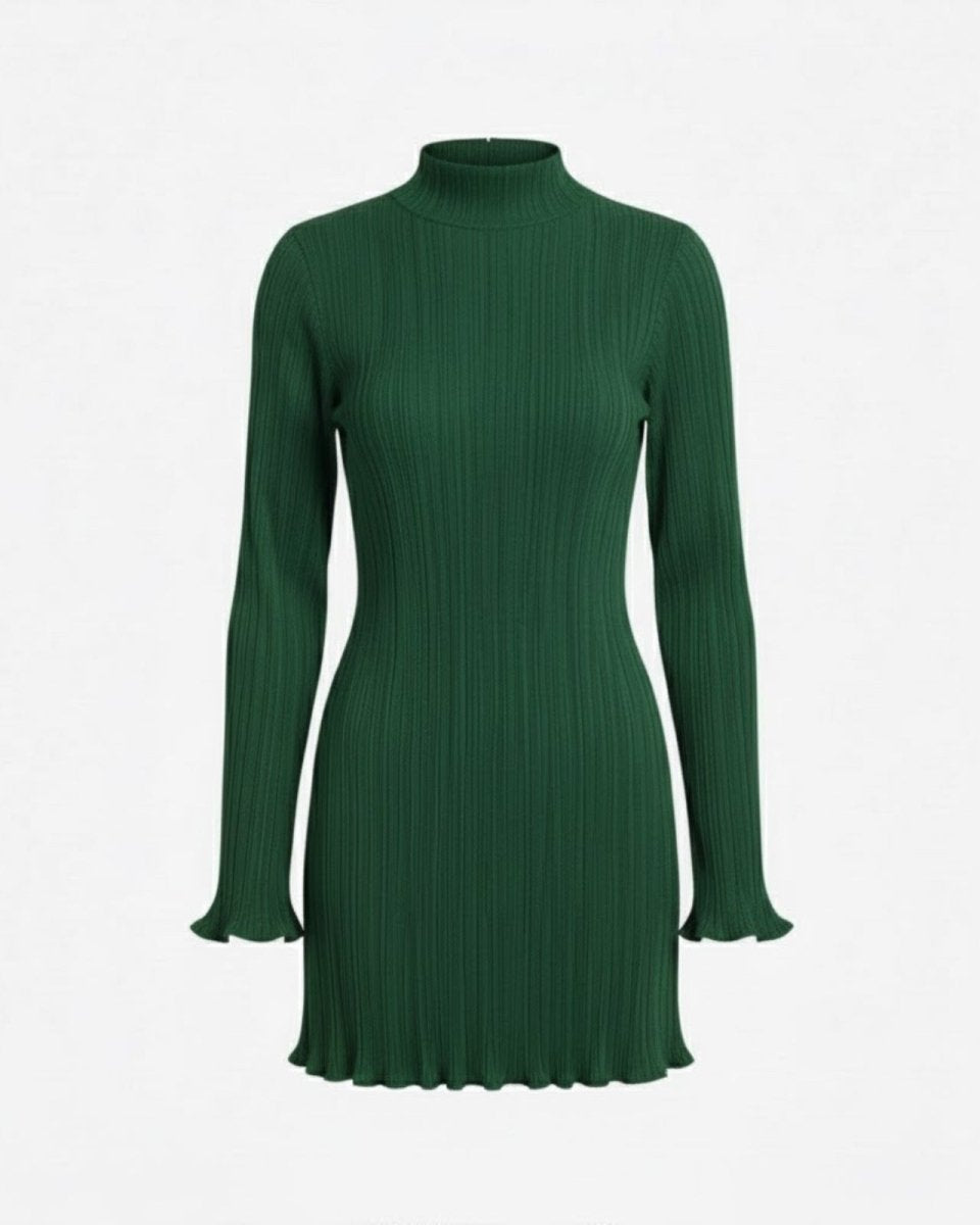 Product-only image of the Agathe green ribbed knit dress laid flat, showing the mock neck, long sleeves, and ruffle trim details.