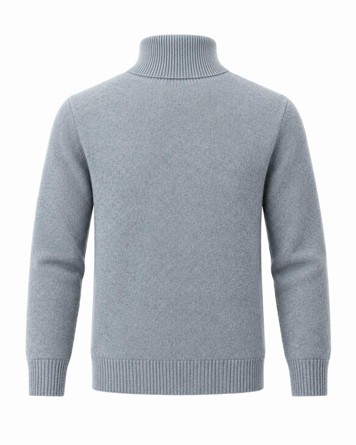 A green knit turtleneck sweater shown from the back on a clean white background.
