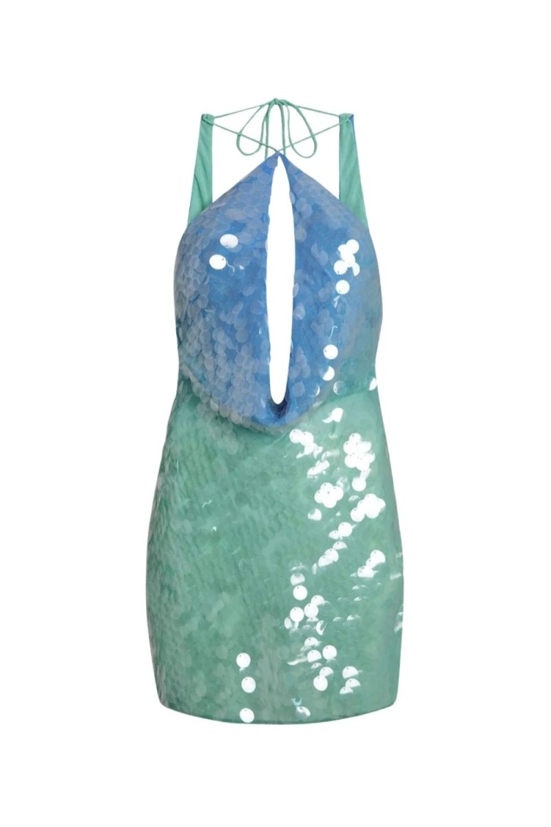 A halter-neck dress with a split neckline, featuring a blue sequined upper section and a green sequined lower section with white floral details, set against a plain white background.