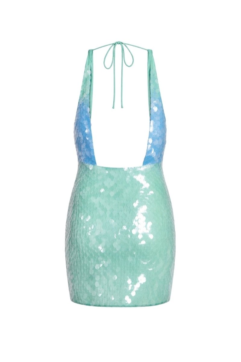 A mint green sequined halter mini dress with a textured pattern and light blue patterned straps, shown against a plain white background.