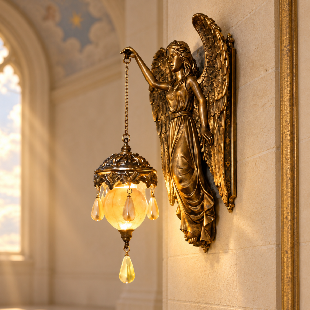 Decorative bronze angel wall sconce with a glowing amber lantern installed in a warm, traditional living room.
