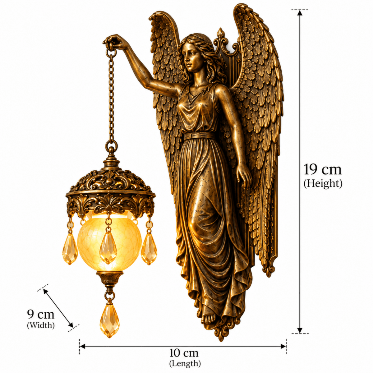 Bronze-finished angel wall sconce with a hanging glass globe lamp, shown with dimension callouts indicating 19 cm height, 10 cm length, and 9 cm width on a white background.
