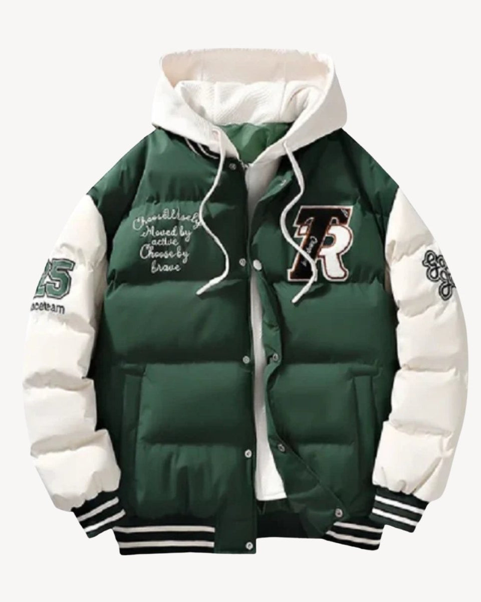 Product shot of the green and white hooded puffer varsity jacket with snap buttons open, showcasing the interior lining and detailed embroidery.