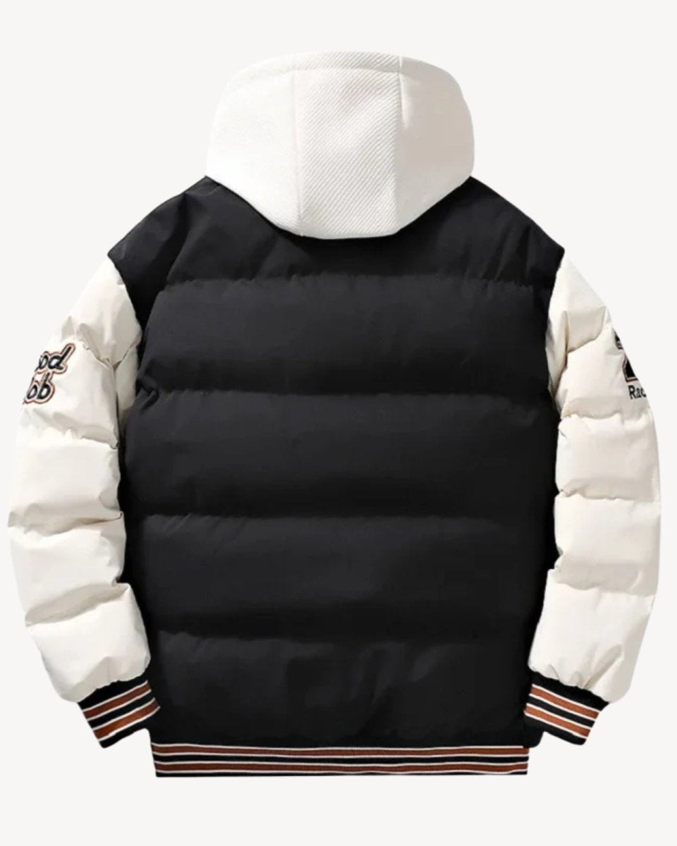 Product shot of the back of the 'Angelo' hooded varsity puffer jacket, displaying the quilted puffer design and sleeve patches.