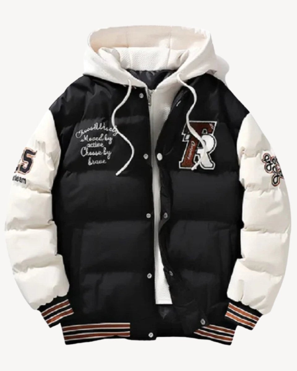 Product shot of the 'Angelo' hooded varsity puffer jacket showing all embroidery and front details on a white background.